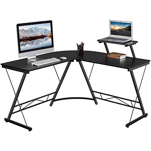 Yaheetech Computertisch Eckschreibtisch in L-Form Arbeitstisch Bürotisch PC Gaming Tisch mit Holz-Monitorständer 130 x 130 x 96,5 cm Schwarz von Yaheetech