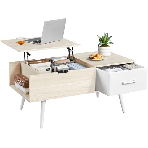 Yaheetech Couchtisch Höhenverstellbar, Beistelltisch mit Stauraum & offene Fächer, Wohnzimmertisch mit Geteilter Tischplatte, Lift-Top Kaffeetisch fürs Wohnzimmer/Esszimmer, Helle Holzfarbe von Yaheetech