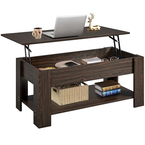 Yaheetech Couchtisch Höhenverstellbarer Kaffeetisch mit verstecktem Stauraum und Platte Sofatisch Wohnzimmertisch aus Holz Beistelltisch für Wohnzimmer/Büro, Espresso von Yaheetech
