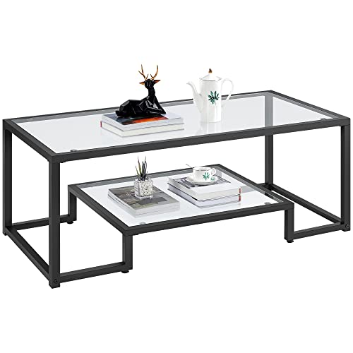 Yaheetech Couchtisch Kaffeetisch 2-stufiger Sofatisch aus Hartglas und Metallrahmen Moderner Beistelltisch mit Ablage Glastisch für Wohnzimmer/Terrasse/Balkon, 106 × 50 × 45 cm Schwarz von Yaheetech