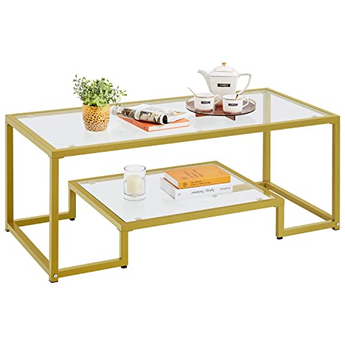 Yaheetech Couchtisch Kaffeetisch mit 2 offenen Ablagen Beistelltisch aus Hartglas und Metallrahmen Sofatisch Glastisch für Wohnzimmer/Terrasse/Balkon, 106 x 50 x 45 cm Senfgelb von Yaheetech