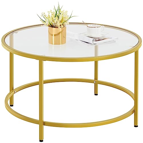 Yaheetech Couchtisch Runder Kaffeetisch mit verstellbaren Schutzfüßen Beistelltisch Wohnzimmertisch aus Hartglas und Metallgestell Moderner Glastisch fürs Wohnzimmer/Balkon, 80 × 80 × 45 cm Senfgelb von Yaheetech