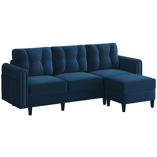 Yaheetech Ecksofa 3-Sitzer Sofa mit Polsterhocker aus Samtstoff Eckcouch in L-Form Rechts/Links fürs Wohnzimmer/Schlafzimmer/Wohnung, Blau von Yaheetech