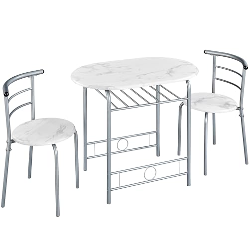 Yaheetech Essgruppe Tischgruppe für 2 Personen mit 1 Esstisch & 2 Stühle Küchentisch mit Ablagefach Esszimmertisch Armlehnstuhl Esstisch-Set, Weiß von Yaheetech