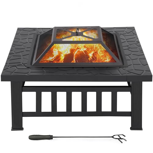 Yaheetech quadratischer Feuerkorb Feuerstelle mit Funkenschutz Feuerschalen für den Garten, Multifunktional Fire Pit für Heizung im Winter, mit Tischplatte, 80,5x80,5x49,5cm von Yaheetech