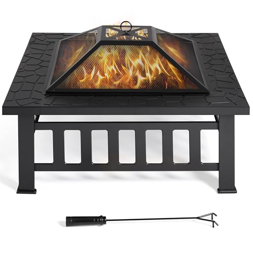 Yaheetech Feuerschale mit Funkenschutz 86x86x54cm, 3 in 1 Multifunktional Feuerkorb mit Deckel & Schürhaken Fire Pit Feuerstelle Outdoor für den Garten/Terrasse/Camping/Party, Schwarz von Yaheetech