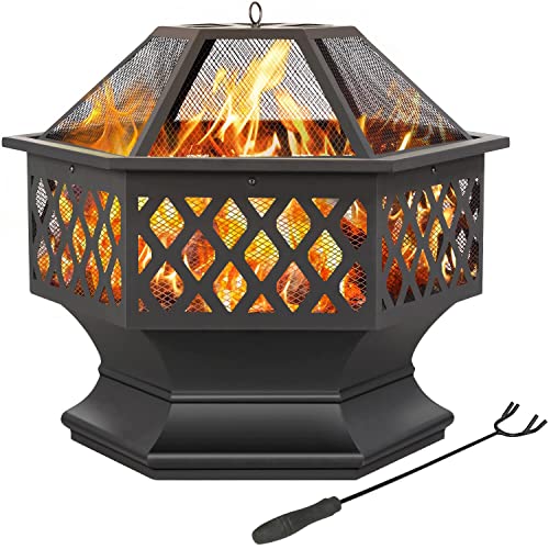 Yaheetech Ø 60,5 cm Feuerschale mit Funkenschutz, Sechseckige Feuerstelle, Multifunktional Feuerkorb, Fire Pit, Feuerschalen für den Garten, Winter Heizung, Terrasse, Lagerfeuer und Camping von Yaheetech