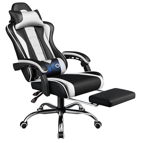 Yaheetech Gaming Stuhl Ergonomischer Gamer Stuhl mit Massagefunktion Computerstuhl mit Fußstütze Bürostuhl 90-135° Rückenlehne verstellbar Gaming Sessel PC Stuhl Weiß von Yaheetech
