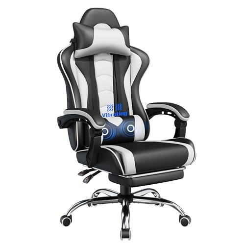 Yaheetech Gaming Stuhl Ergonomischer Gamer Stuhl mit Massagefunktion Computerstuhl mit Fußstütze Bürostuhl 90-135° Rückenlehne verstellbar Gaming Sessel PC Stuhl Weiß von Yaheetech