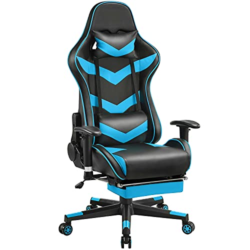 Yaheetech Gaming Stuhl Racing Stuhl, Computerstuhl für PC Lordosenstütze, Bürostuhl mit Fußstütze, Schreibtischstuhl verstellbare Kopfstütze Schwarz/Neonblau von Yaheetech