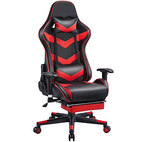 Yaheetech Gaming Stuhl Racing Stuhl, Computerstuhl für PC Lordosenstütze, Bürostuhl mit Fußstütze, Schreibtischstuhl verstellbare Kopfstütze Schwarz/Rot von Yaheetech