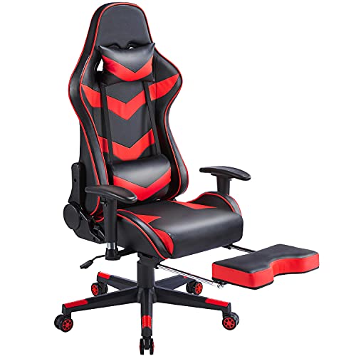 Yaheetech Bürostuhl Gaming Stuhl mit Fußstütze, ergonomischer Gamer mit Lordosenstütze, Racing , Höhenverstellbarer Schreibtischstuhl, hohe Rückenlehne mit einstellbaren Armlehnen, Rot von Yaheetech