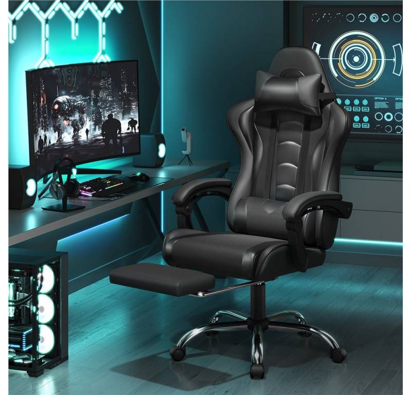 Yaheetech Gaming-Stuhl mit Massagefunktion & Kopfstütze & Fußstütze Ergonomischer PC-Stuhl, Drehstuhl Computerstuhl Verstellbare Rückenlehne von Yaheetech
