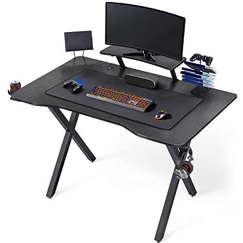 Yaheetech Gaming Tisch 110 cm Schreibtisch Gamer Computertisch mit Getränkehalter und Kopfhöhrerhalter Ergonomischer PC Tisch X-Förmiger, Schwarz von Yaheetech