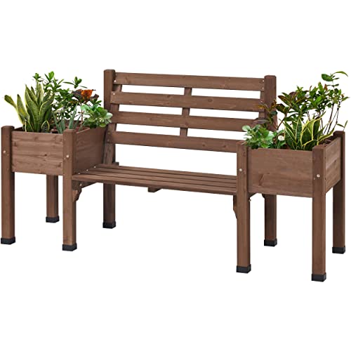 Yaheetech Gartenbank mit Blumenkasten, Holzbank Sitzbank mit Lehne & Pflanzkasten aus Massivholz Wetterfest Hochbeet Outdoor Parkbank für Garten Balkon, Braun 188 × 59,5 × 97,5 cm von Yaheetech