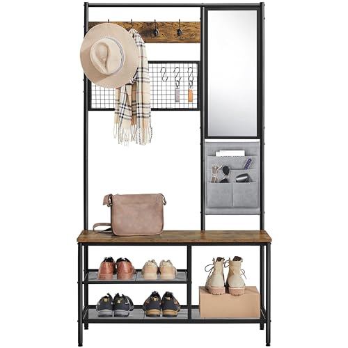 Yaheetech Großer Garderobenständer Kleiderständer mit Haken, Spiegel, Schuhregal und Sitzbank Garderobe mit Gitterwand für Flur/Schlafzimmer, 35 x 100 x 180,5 cm von Yaheetech