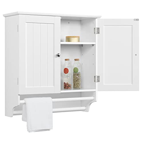 Yaheetech Badezimmerschrank Hängeschrank Wandschrank mit 2 Türen & Handtuchhalter Badschrank mit Höhenverstellbarem Einlegeboden Küchenschrank Oberschrank Weiß BHT ca: 60,5x64x22,5cm von Yaheetech