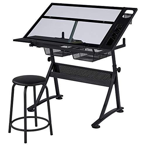 Yaheetech Höhenverstellbare Zeichentisch-Set Kippbarer Tischplatte Schreibtisch Architektentisch mit Viel Stauraum & Hocker Schreibtisch für Malen/Zeichnen Schwarz von Yaheetech