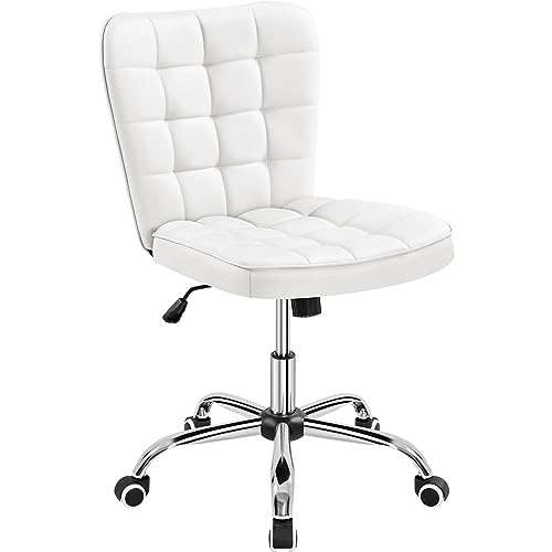 Yaheetech Homeoffice Stuhl, Schreibtischstuhl, Drehstuhl höhenverstellbar Schminkstuhl, Bürostuhl ohne Armlehne, Polsterstuhl mit Rollen, Kunstleder Weiß von Yaheetech