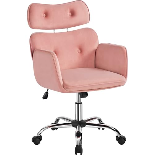 Yaheetech Homeoffice Stuhl, Schreibtischstuhl, Schminktisch Stuhl mit Höhenverstellbaren Kopfstütze, Drehstuhl mit Armlehnen Samtsitz, für Schlafzimmer Büro Wohnzimmer Rosa von Yaheetech