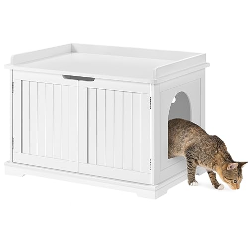 Yaheetech Katzenschrank für katzentoilette Holz Katzenhaus für große Katzen 75,5 x 51 x 52,5 cm Katzenhöhle mit magnetischen Türen Separate Trennwand Katzenklo Schrank, Weiß von Yaheetech