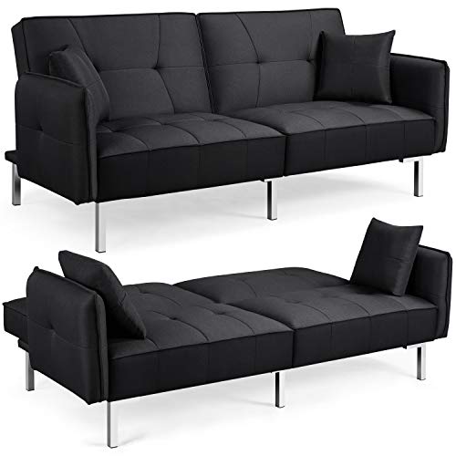 Yaheetech Klappbares Schlafsofa Bettsofa aus Leinenstoff Tagessofa mit 2 Kissen, Sofa Couch mit Bettfunktion Liegefläche 177 cm L × 110 cm B fürs Wohnzimmer/Schlafzimmer/Gästezimmer Hellgrau von Yaheetech