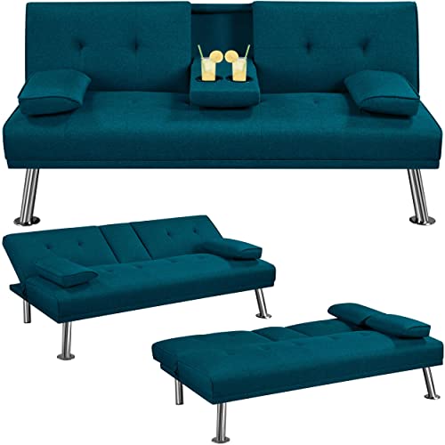 Yaheetech Klappbares Schlafsofa Couch Sofa mit Schlaffunktion Bettsofa mit Großer Liegefläche von 167 cm L × 94 cm B fürs Wohnzimmer/Schlafzimmer/Heimkino/Gästezimmer Blau von Yaheetech