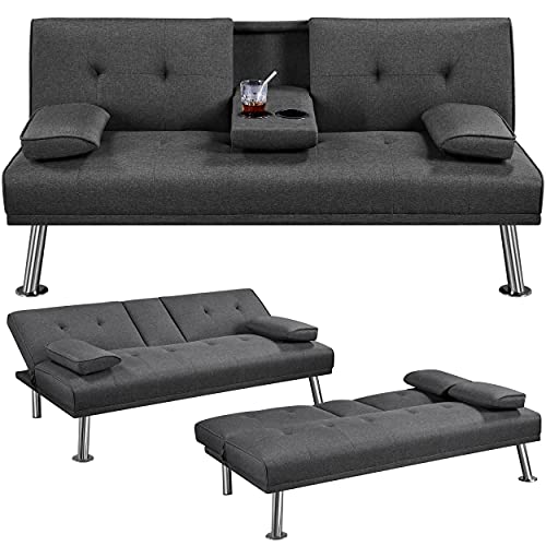 Yaheetech Klappbares Schlafsofa Couch Sofa mit Schlaffunktion Bettsofa mit Großer Liegefläche von 167 cm L × 94 cm B fürs Wohnzimmer/Schlafzimmer/Heimkino/Gästezimmer Dunkelgrau von Yaheetech