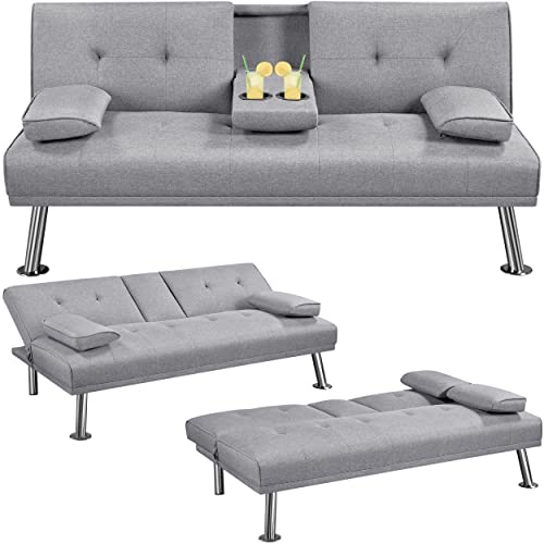 Yaheetech Klappbares Schlafsofa Couch Sofa mit Schlaffunktion Bettsofa mit Großer Liegefläche von 167 cm L × 94 cm B fürs Wohnzimmer/Schlafzimmer/Heimkino/Gästezimmer Hellgrau von Yaheetech