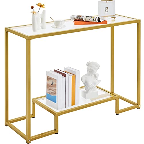 Yaheetech Konsolentisch Flurtisch 2 Ebenen Beistelltisch Hartglas Eingangstisch mit verstellbaren Schutzfüßen Metallgestel Sideboard Sofatisch für Wohnzimmer, Flur, 106 × 35 × 75 cm von Yaheetech