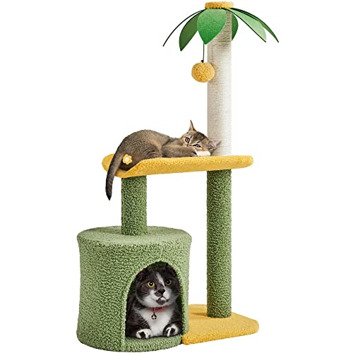 Yaheetech Kratzbaum 94cm Moderner Katzenbaum, Kokospalme-Design Kletterbaum für Katzen, mit Katzenhöhle Plattform Sisalstämme, Grün-Gelb von Yaheetech