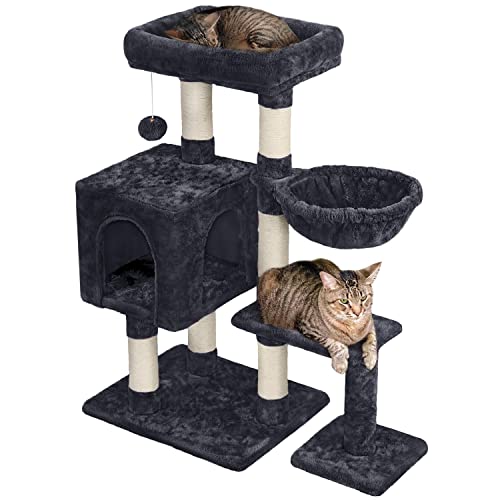 Yaheetech Kratzbaum 96 cm hoch Katzenbaum Kletterbaum für Katzen, mit Sisal Plüsch Katzenhöhle und Korb Schwarz von Yaheetech