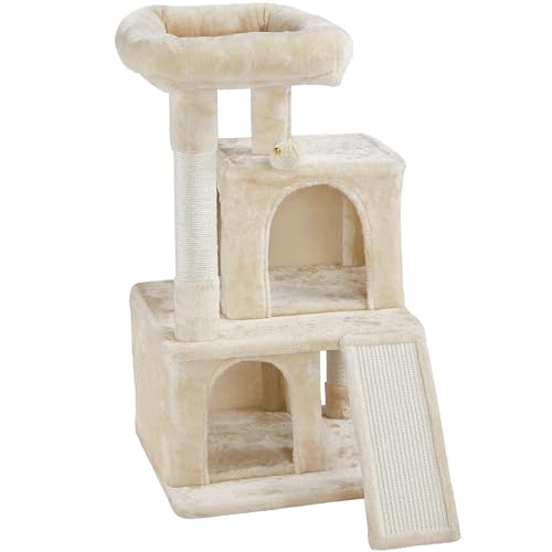 Yaheetech Kratzbaum, Stabiler Katzenbaum 91 cm Katzenkratzbaum, mit 2 Häuschen Sisal und Spielball, Spielbaum für Katzen, Beige von Yaheetech