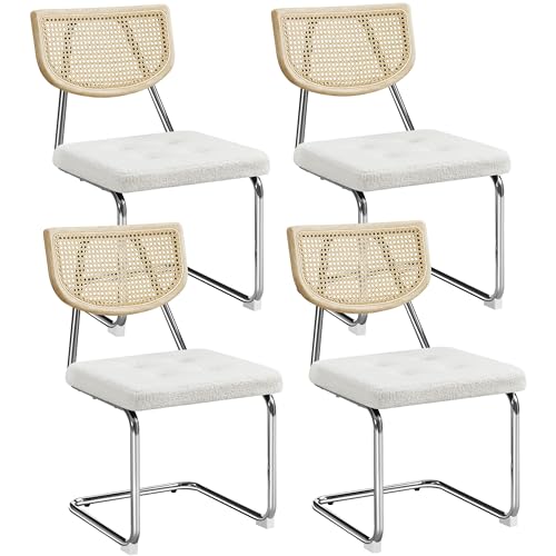 Yaheetech Küchenstuhl 4er Set Esszimmerstühle Rückenlehne aus Rattan Schwingstuhl aus Bouclé-Gewebe Polsterstuhl fürs Esszimmer/Küche/Wohnzimmer/Restaurant Weiß von Yaheetech