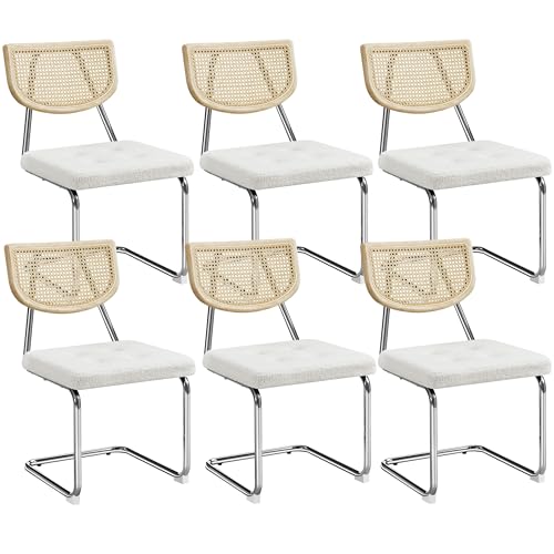 Yaheetech Küchenstuhl 6er Set Esszimmerstühle Rückenlehne aus Rattan Schwingstuhl aus Teddy-Stoff Polsterstuhl fürs Esszimmer/Küche/Wohnzimmer/Restaurant Weiß von Yaheetech
