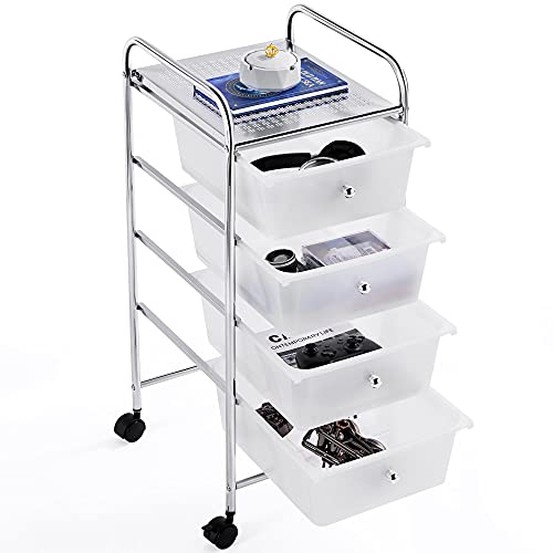 Yaheetech Küchewagen Rollwagen inkl. 4 Schubladen Allzweckwagen Küchen Organizer Servierwagen Trolley für Küche Bad Büro Schlafzimmer mit Rollen und Griffe Weiß von Yaheetech