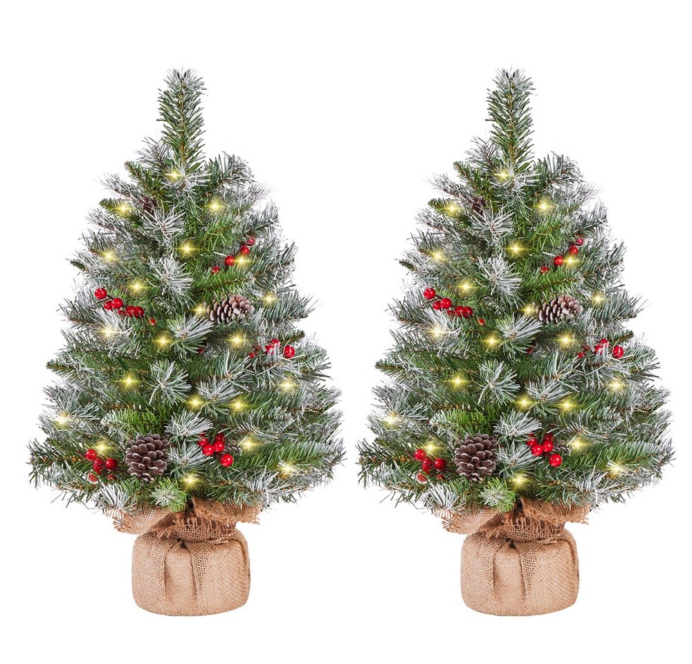 Yaheetech Künstlicher Weihnachtsbaum 61/92 cm (H), 2er-Set Tannenbaum mit Roten Beeren & LED-Lichtern & Tannenzapfen von Yaheetech