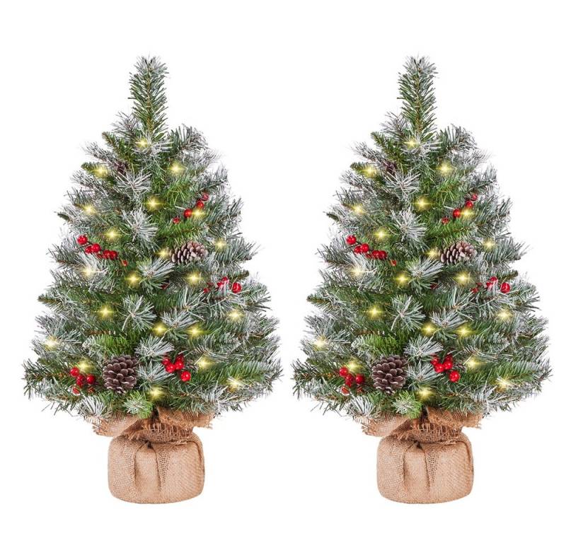 Yaheetech Künstlicher Weihnachtsbaum 61/92 cm (H), 2er-Set Tannenbaum mit Roten Beeren & LED-Lichtern & Tannenzapfen von Yaheetech