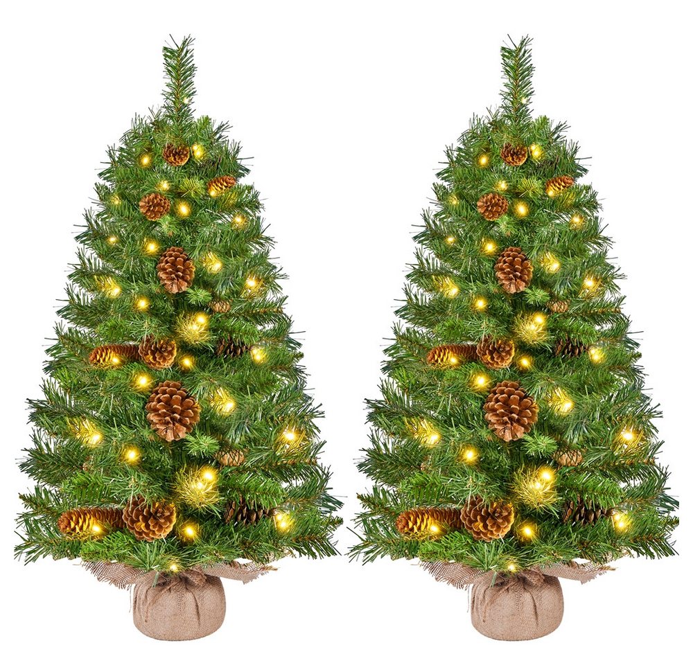 Yaheetech Künstlicher Weihnachtsbaum 61/92 cm (H), 2er-Set Tisch-Tannenbaum Christbaum mit LED-Lichtern & Tannenzapfen von Yaheetech