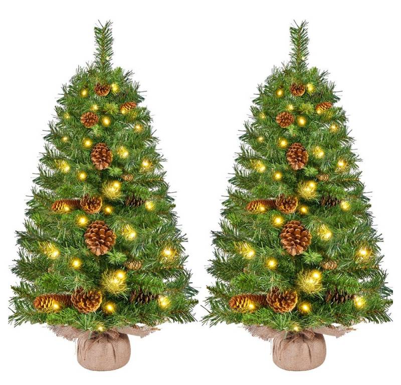 Yaheetech Künstlicher Weihnachtsbaum 61/92 cm (H), 2er-Set Tisch-Tannenbaum Christbaum mit LED-Lichtern & Tannenzapfen von Yaheetech
