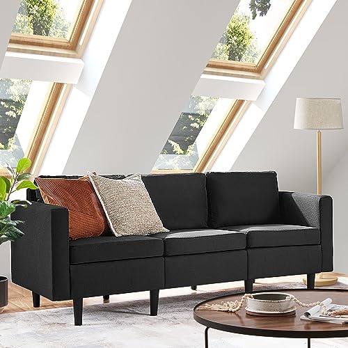 Yaheetech Leinen Sitzsofa 3-Sitzer-Sofa Couch Polstersofa Wohnzimmersofa für 3 Personen, max.340 KG belastbar, für Schlafzimmer, Schwarz, 188,5 cm L × 79 cm B × 80 cm H, Zubehör im Staufach von Yaheetech