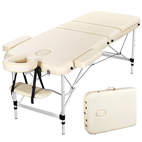 Yaheetech Massageliege 70cm breit Mobile Aluminium Massagetisch 3 Zonen höhenverstellbar mit hochwertiger Kopfstütze und Transporttasche bis 250kg belastbar Beige von Yaheetech