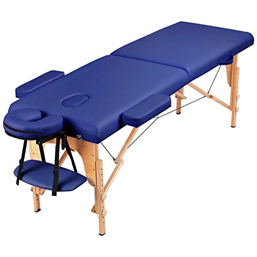 Yaheetech Massageliege Mobile Massagetisch mit Holzfüßen 2 Zonen Tragebares Massagebett inkl. Kopfstütze & Armlehnen Höhenverstellbar 60cm Breit bis 250 kg Belastbar, Blau von Yaheetech