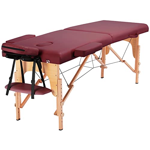 Yaheetech Massageliege Mobile Massagetisch mit Holzfüßen 2 Zonen Tragebares Massagebett inkl. Kopfstütze & Armlehnen Höhenverstellbar 60cm Breit bis 250 kg Belastbar, Burgunderrot von Yaheetech