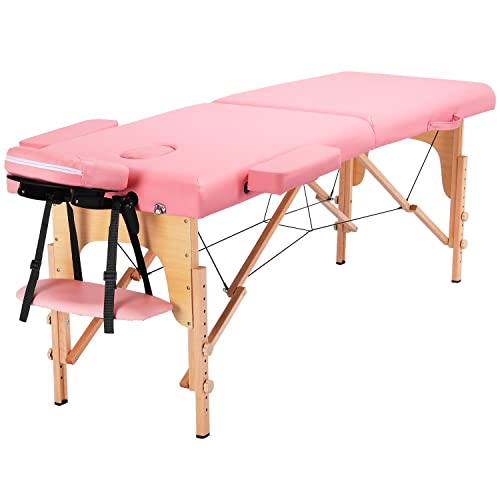 Yaheetech Massageliege Mobile Massagetisch mit Holzfüßen 2 Zonen Tragebares Massagebett inkl. Kopfstütze & Armlehnen Höhenverstellbar 60cm Breit bis 250 kg Belastbar, Hellrosa von Yaheetech