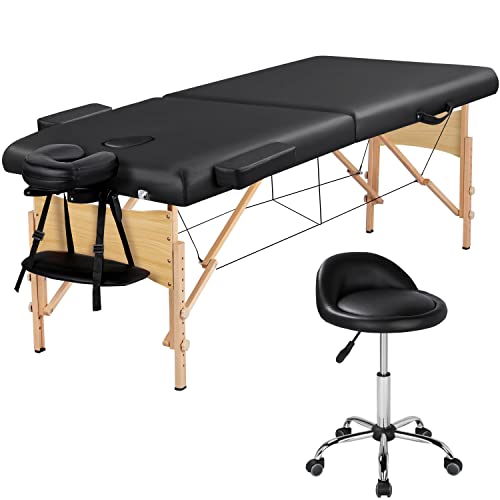 Yaheetech Massageliege Set 2 Zonen Massagebett mit Buchenholzbeinen klappbar Massagebank 70 cm Breit & Höheverstellbar Drehhocker Massagehocker von Yaheetech