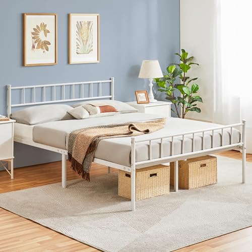 Yaheetech Metallbett 140 x 200 cm Bettrahmen mit Kopfteil Bettgestell aus Metall Gästebett mit Lattenrost für Schlafzimmer Gästezimmer Weiß von Yaheetech