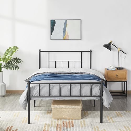 Yaheetech Metallbett 90 x 190 cm Bettrahmen mit Hohem Kopfteil, Einzelbett Bettgestell mit Lattenrost, Jugendbett mit Industriestil Gästebett Industriebett für Schlafzimmer Gästezimmer, Schwarz von Yaheetech