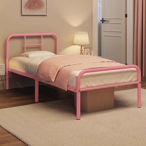 Yaheetech Metallbett 90 x 190 cm Bettrahmen mit Lattenrost Bettgestelle mit Kopfteil Einzelbett Gästebett für Schlafzimmer Gästezimmer Hellrosa von Yaheetech