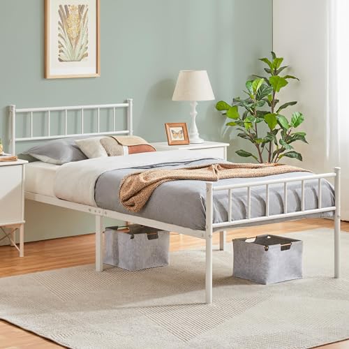 Yaheetech Metallbett 90 x 200 cm Bettrahmen mit Kopfteil Bettgestell aus Metall Gästebett mit Lattenrost für Schlafzimmer Gästezimmer Weiß von Yaheetech